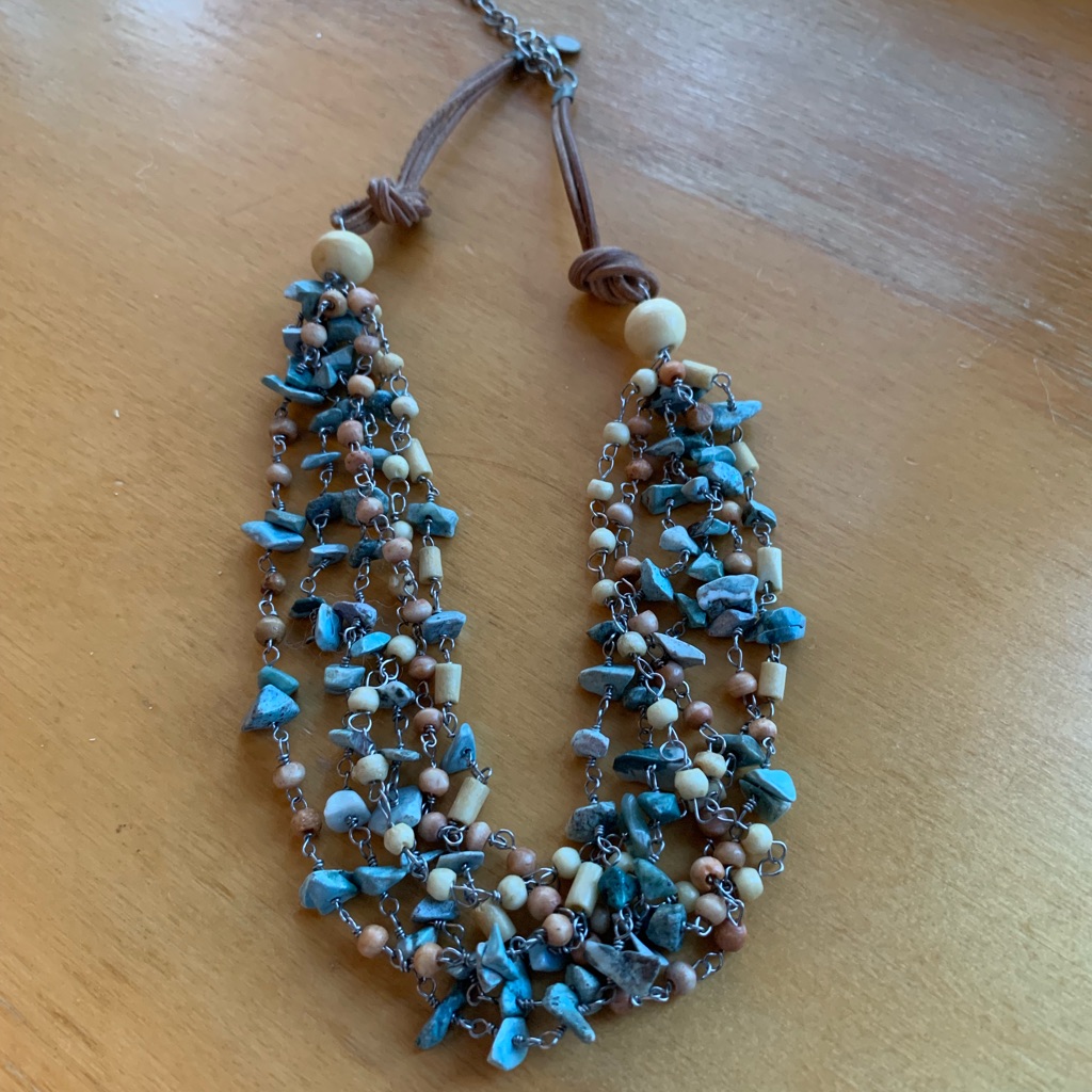 5/$25 Turquoise Color Stone And Wood Necklace